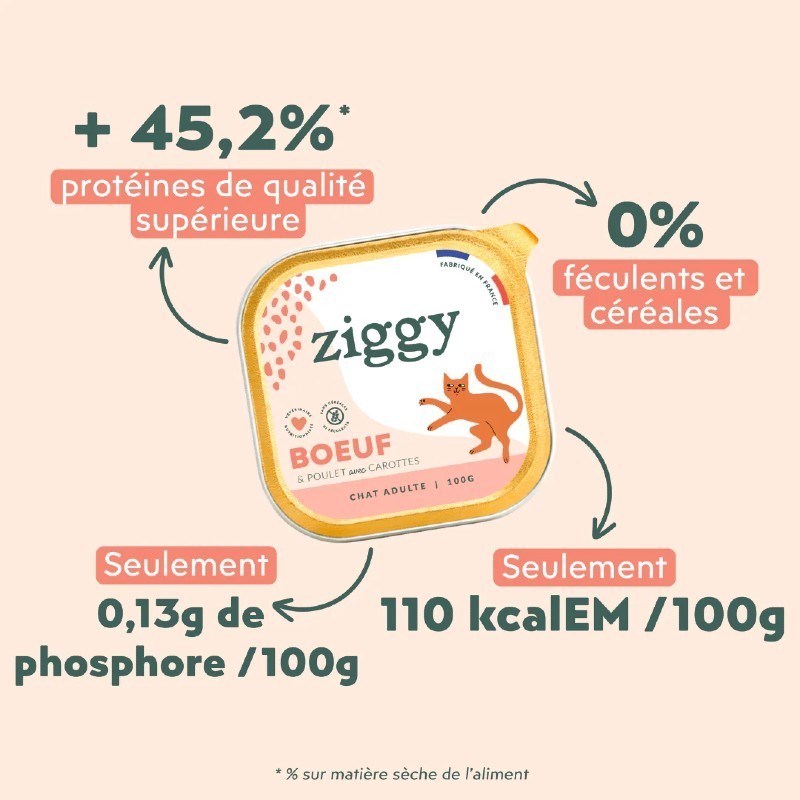 Ziggy Chat Adulte sans céréales patées au Boeuf 4 barquettes de 100 g