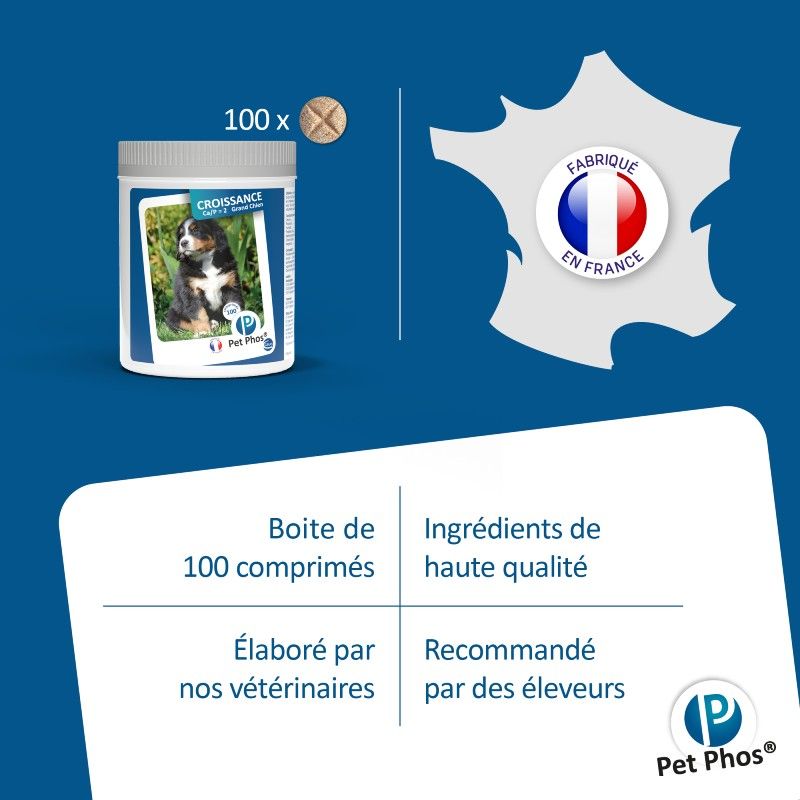 Pet Phos canin Croissance Ca/P 2 grands chiens Boite de 100 cp