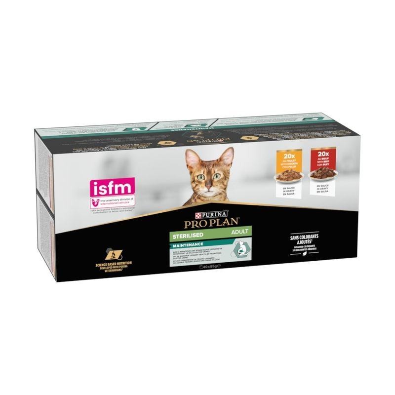 Purina ProPlan Cat Adult Sterilised Maintenance bœuf et poulet en Sauce 40 sachets de 85 g - JungleVet